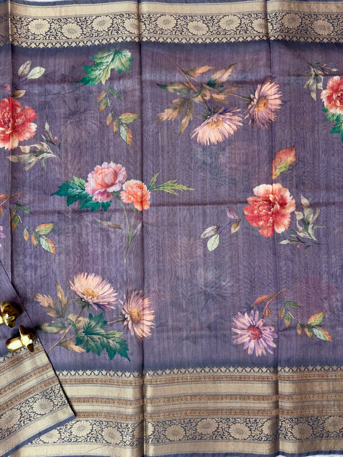 Unique Semi Tussar with Zari Border and Digital Prints - Dark Purple