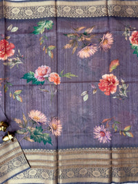 Unique Semi Tussar with Zari Border and Digital Prints - Dark Purple