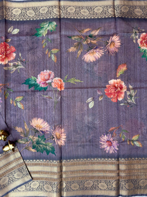 Unique Semi Tussar with Zari Border and Digital Prints - Dark Purple