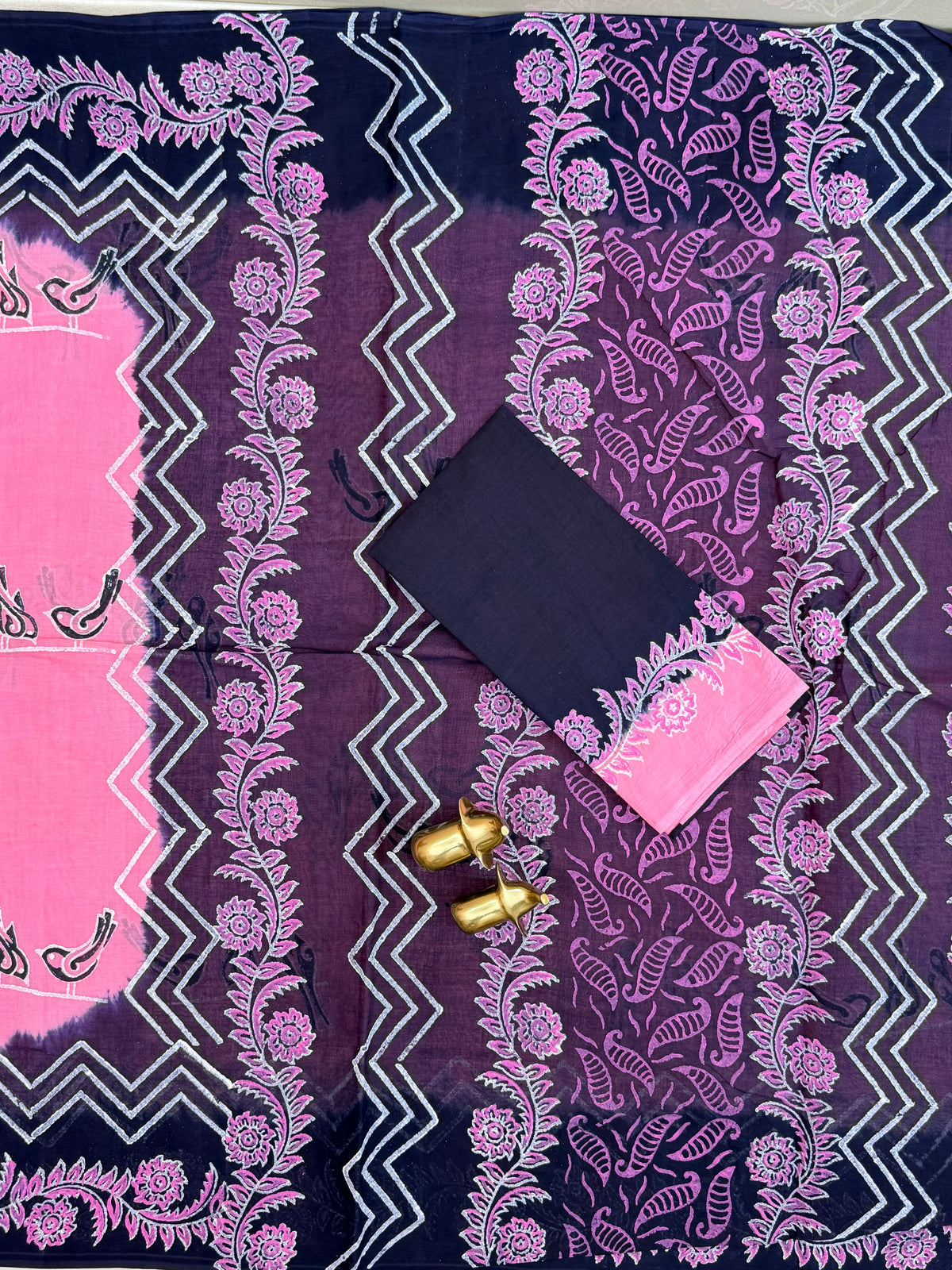 Pure Cotton with Hand Block Prints - Pink with Blue