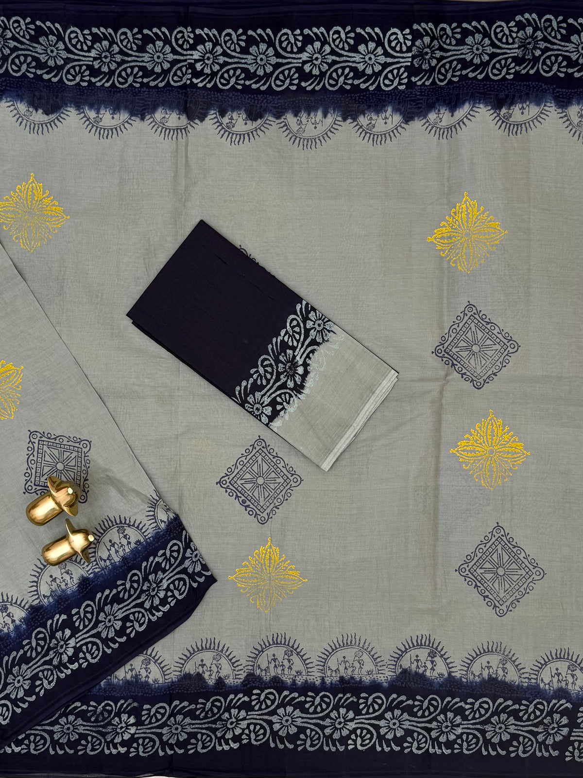 Pure Cotton with Hand Block Prints - Grey with Dark Blue