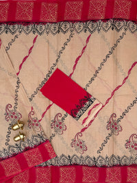 Pure Cotton with Hand Block Prints - Beige with Red