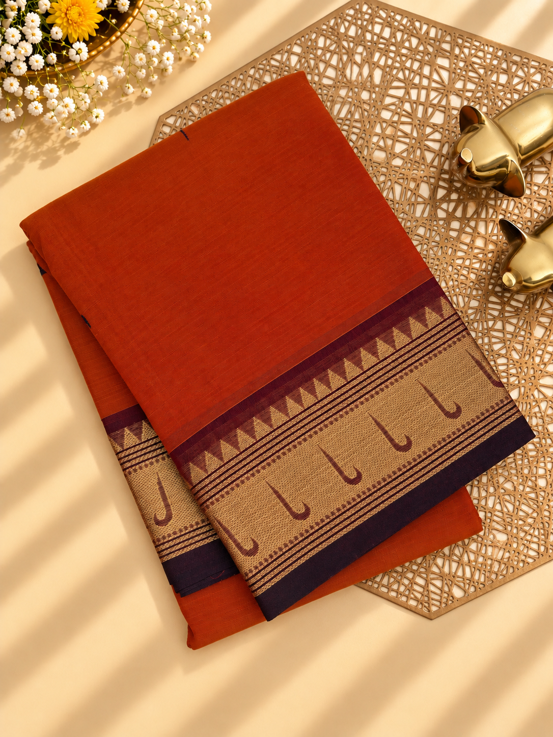 Chettinad Cotton Sarees - Rust Orange with Maroon