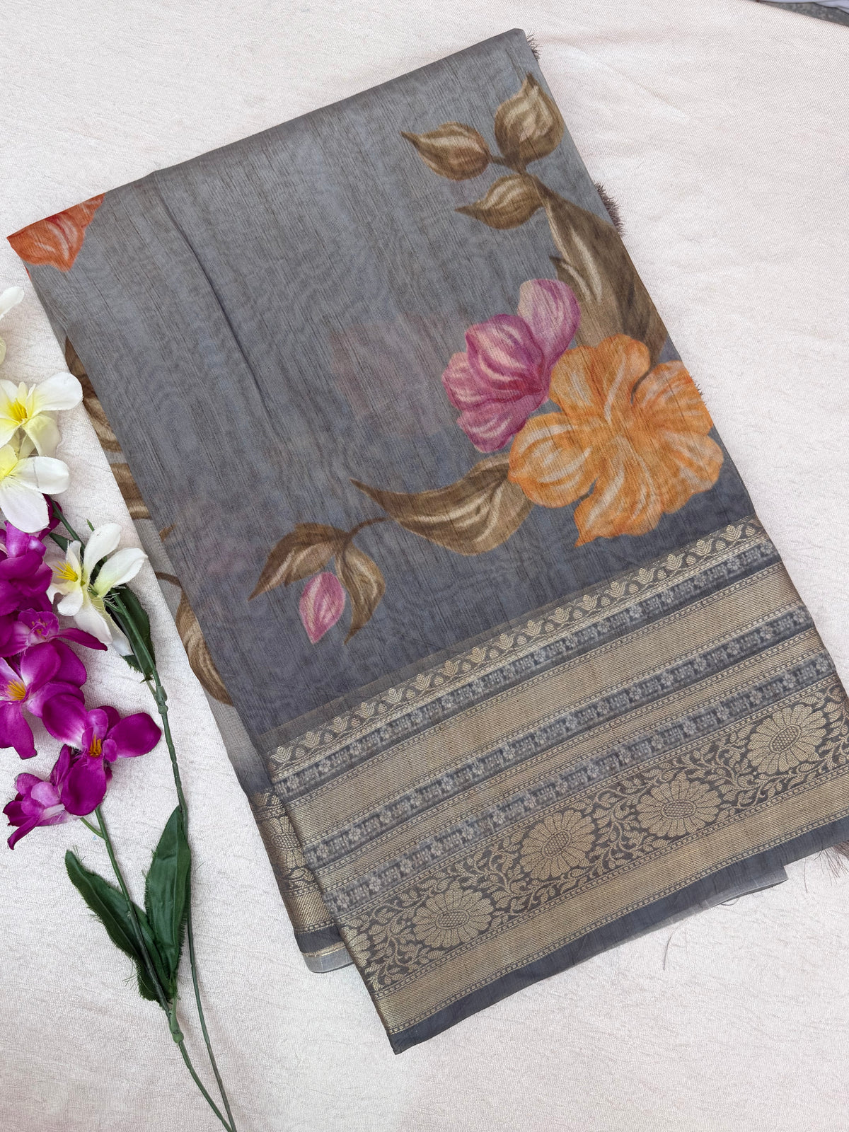 Unique Semi Tussar with Zari Border and Digital Prints - Grey