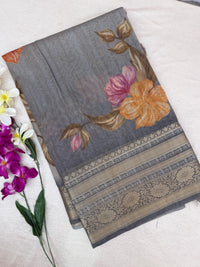 Unique Semi Tussar with Zari Border and Digital Prints - Grey