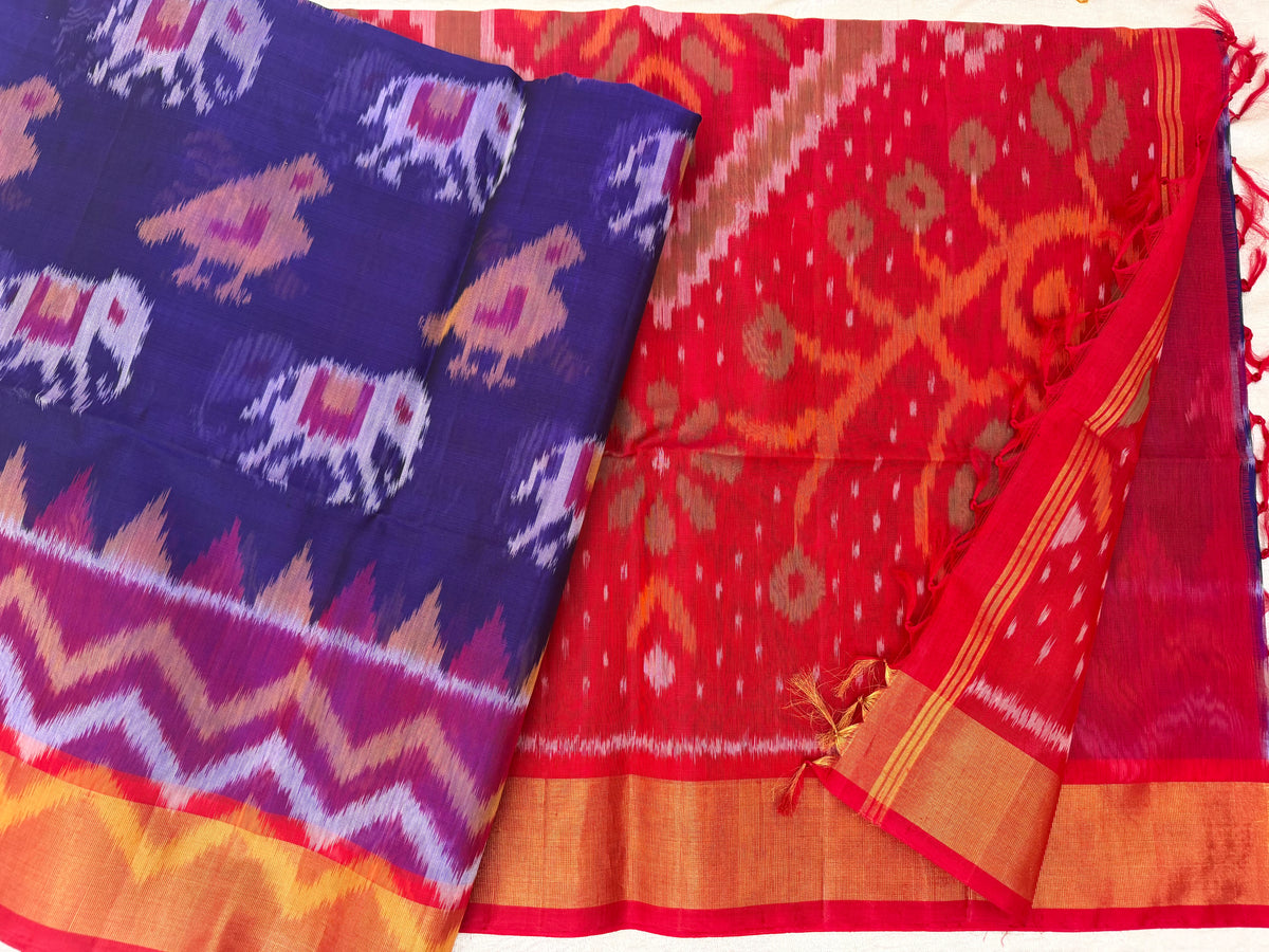 Blue with Red Pochampally Ikkat Silk Cotton (SICO Pattu)