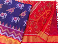 Blue with Red Pochampally Ikkat Silk Cotton (SICO Pattu)