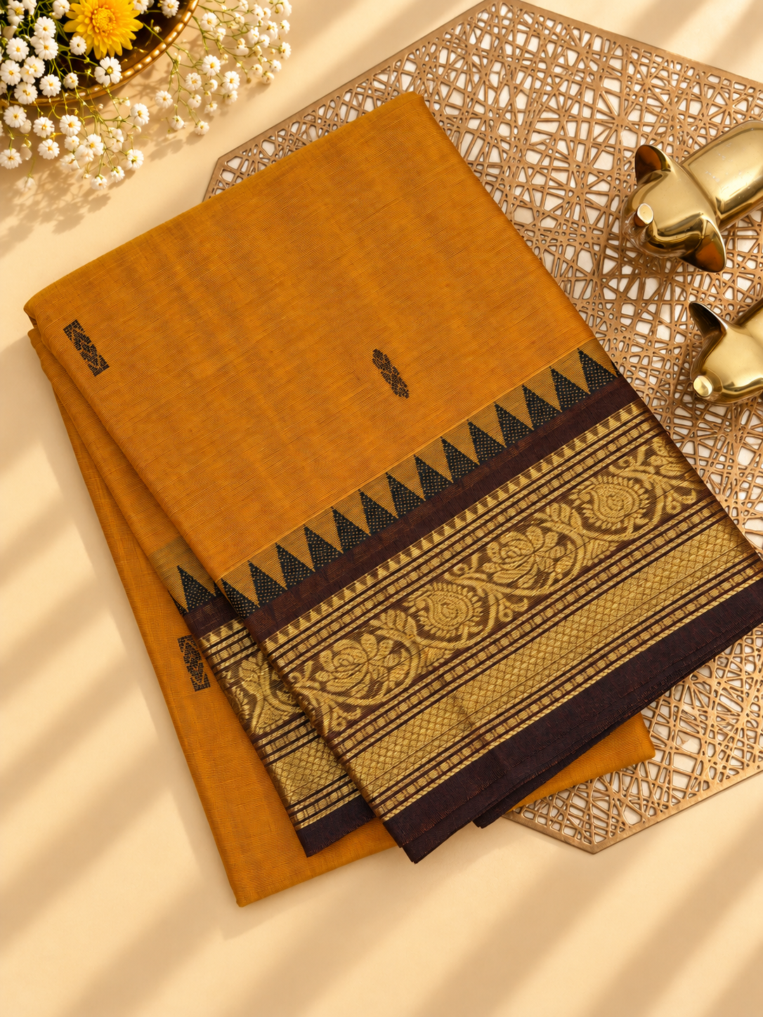 Chettinad Cotton Sarees - Mustard Yellow with Coffee Brown