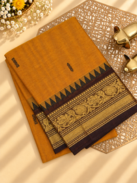 Chettinad Cotton Sarees - Mustard Yellow with Coffee Brown