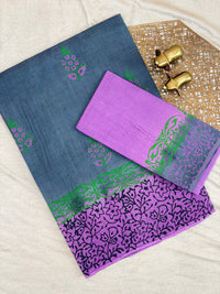 Pure Cotton with Hand Block Prints - Grey with Purple