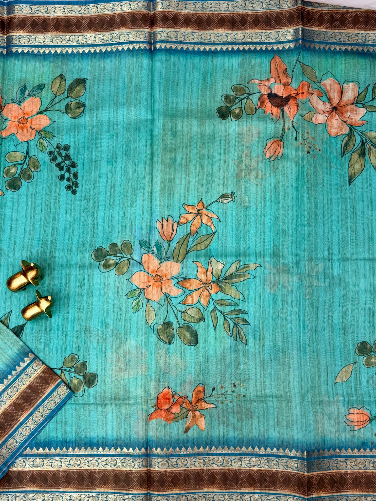 Unique Semi Tussar with Zari Border and Digital Prints - Blue