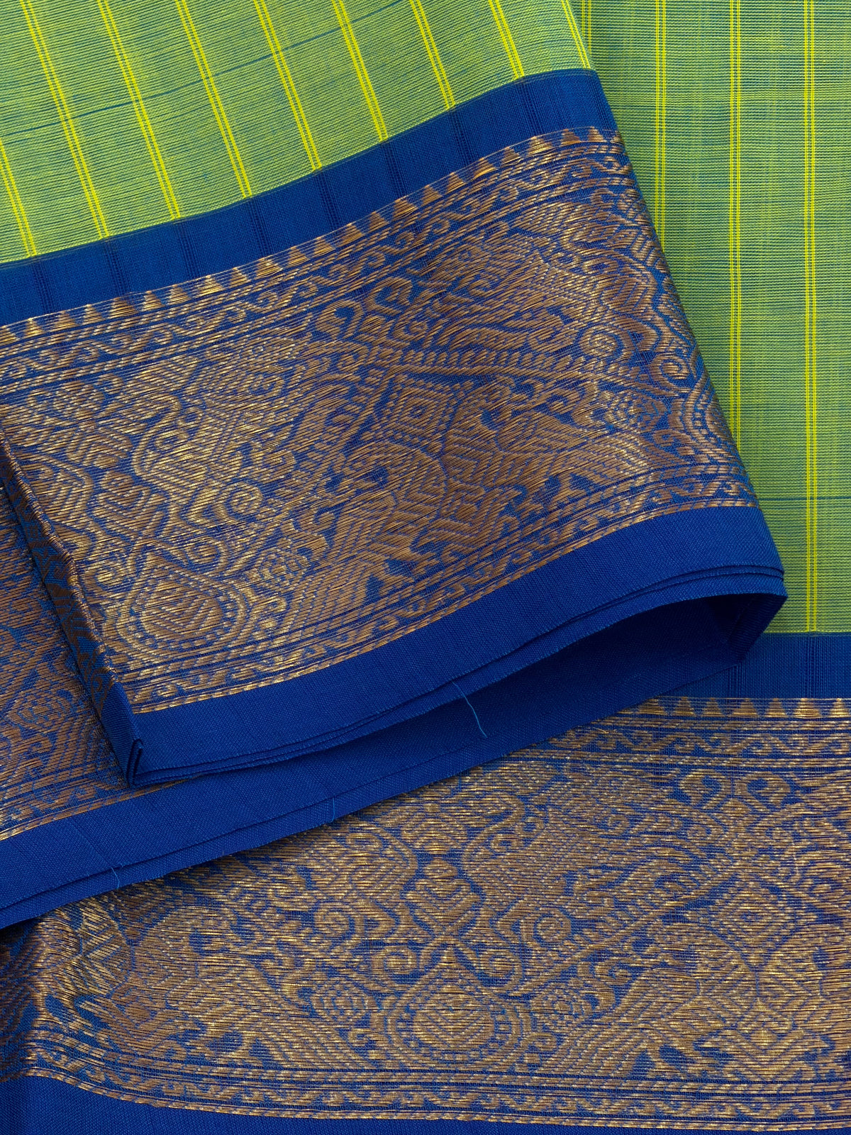 Chettinad Cotton Saree - Green with Blue Stripes