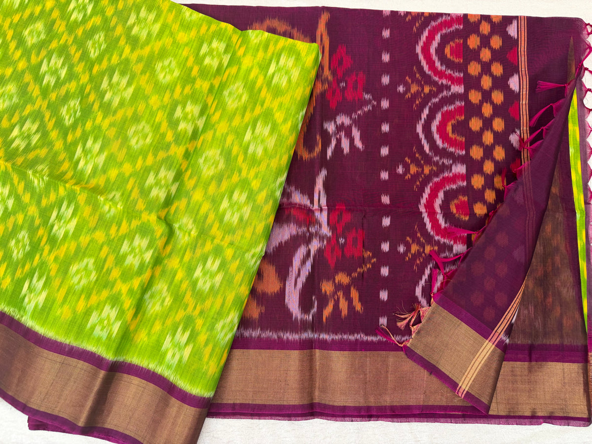Green with Purple Pochampally Ikkat Silk Cotton (SICO Pattu)