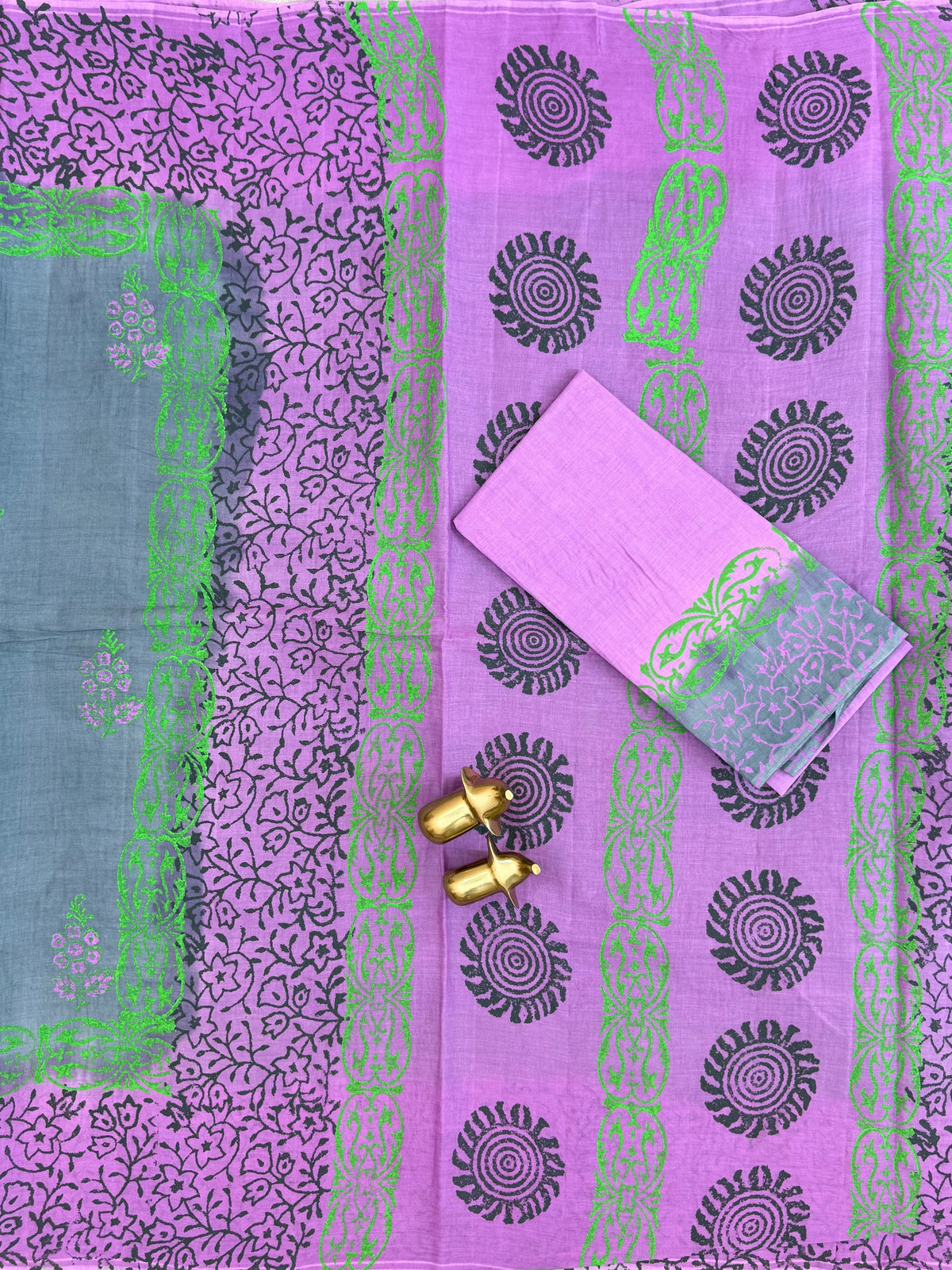 Pure Cotton with Hand Block Prints - Grey with Purple