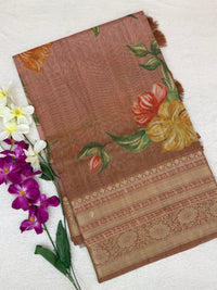 Unique Semi Tussar with Zari Border and Digital Prints - Brown