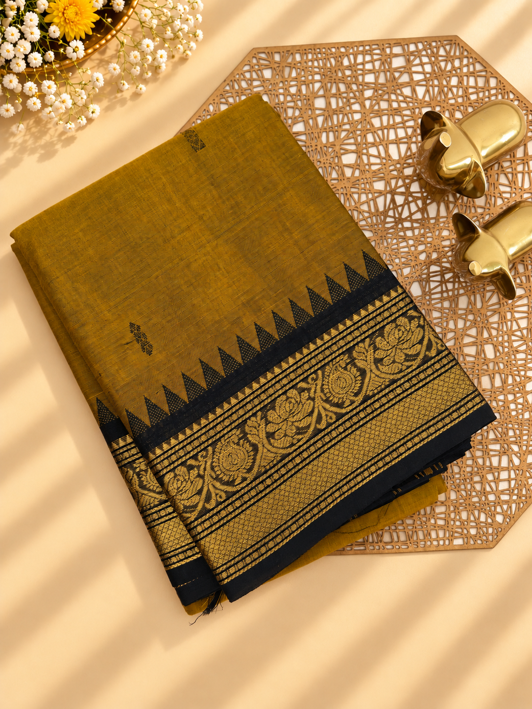 Chettinad Cotton Sarees -Dual Shade of Dark Mustard Yellow with Black