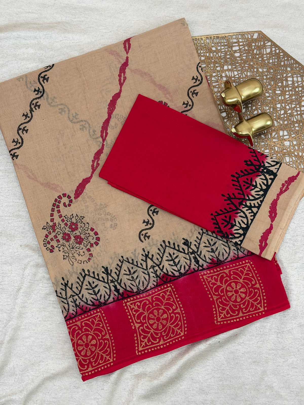 Pure Cotton with Hand Block Prints - Beige with Red