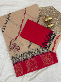 Pure Cotton with Hand Block Prints - Beige with Red