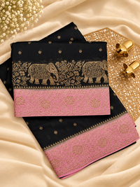 Jute Banarasi Silk Saree -  Black with Pink