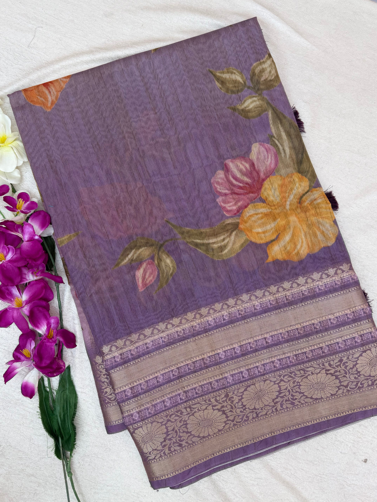 Unique Semi Tussar with Zari Border and Digital Prints - Purple