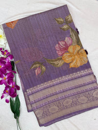 Unique Semi Tussar with Zari Border and Digital Prints - Purple