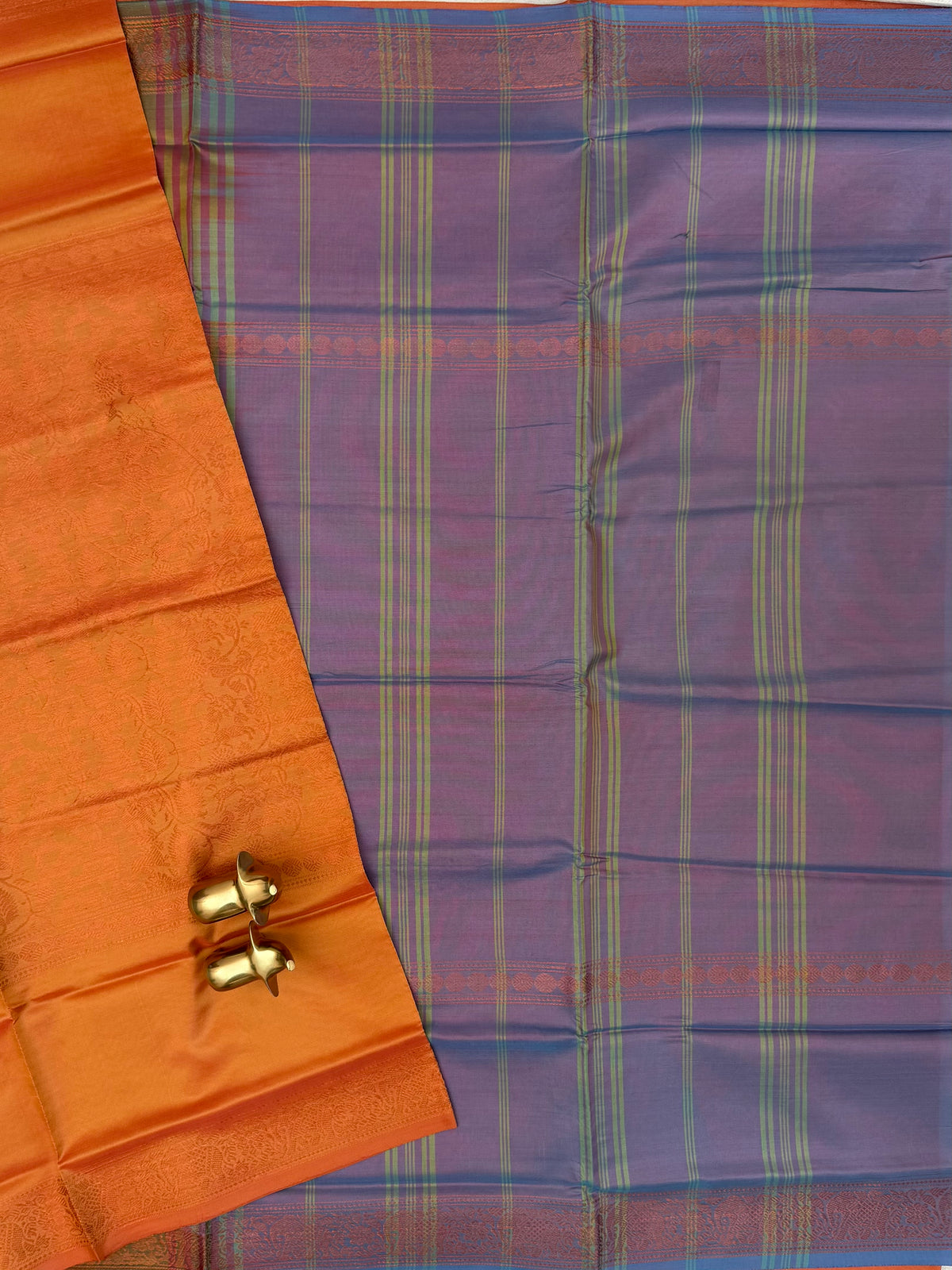 Dual Shade Orange with Blue Floral Pattern Chinnalampattu Saree
