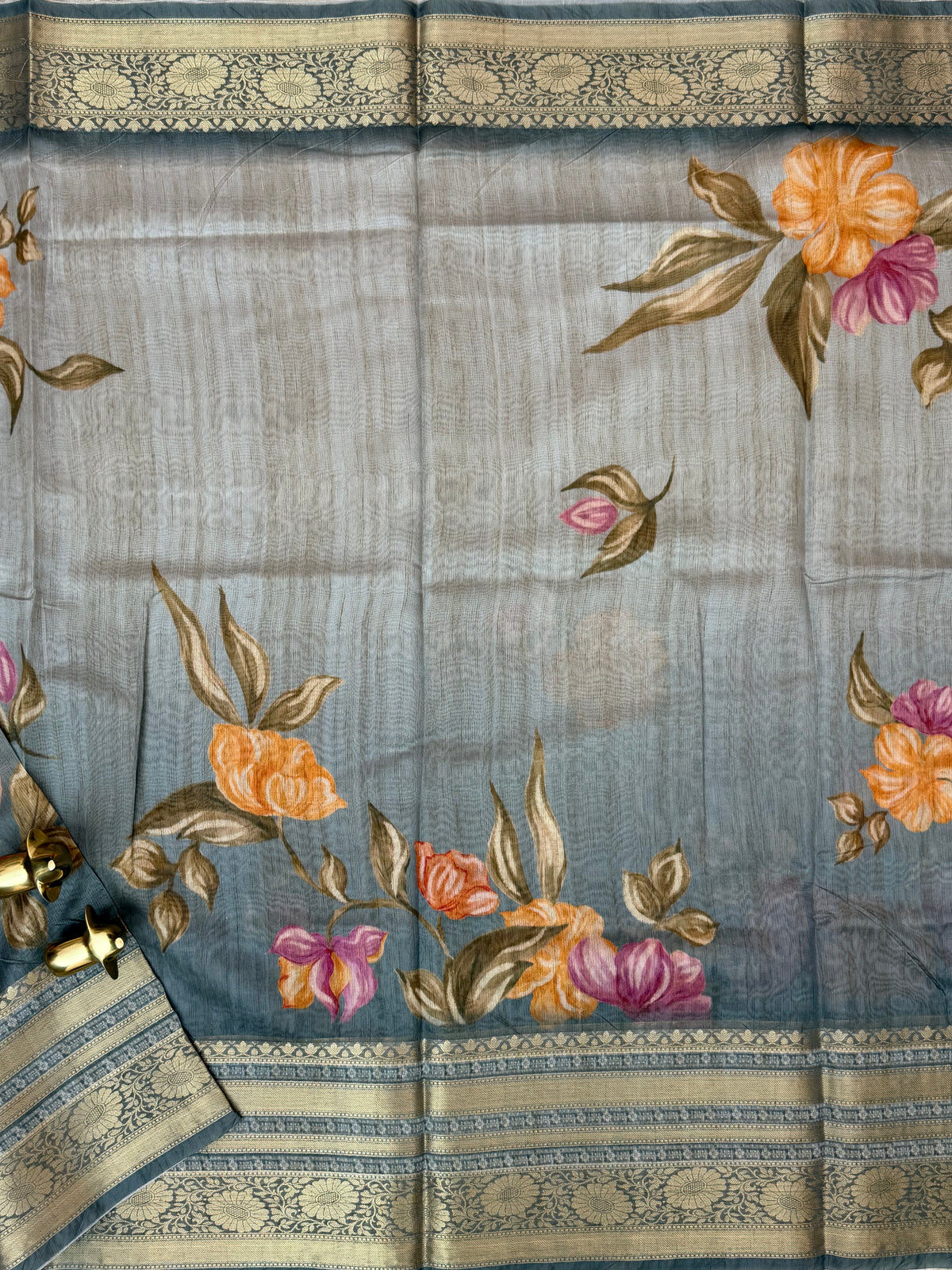 Unique Semi Tussar with Zari Border and Digital Prints - Grey