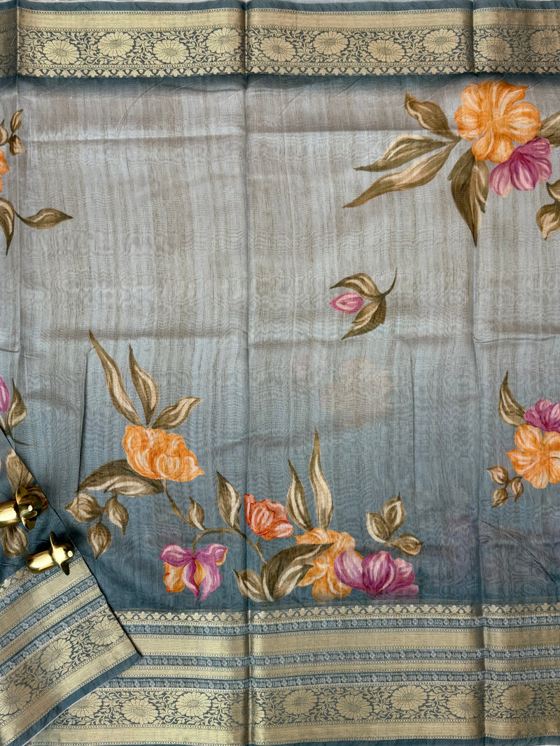 Unique Semi Tussar with Zari Border and Digital Prints - Grey
