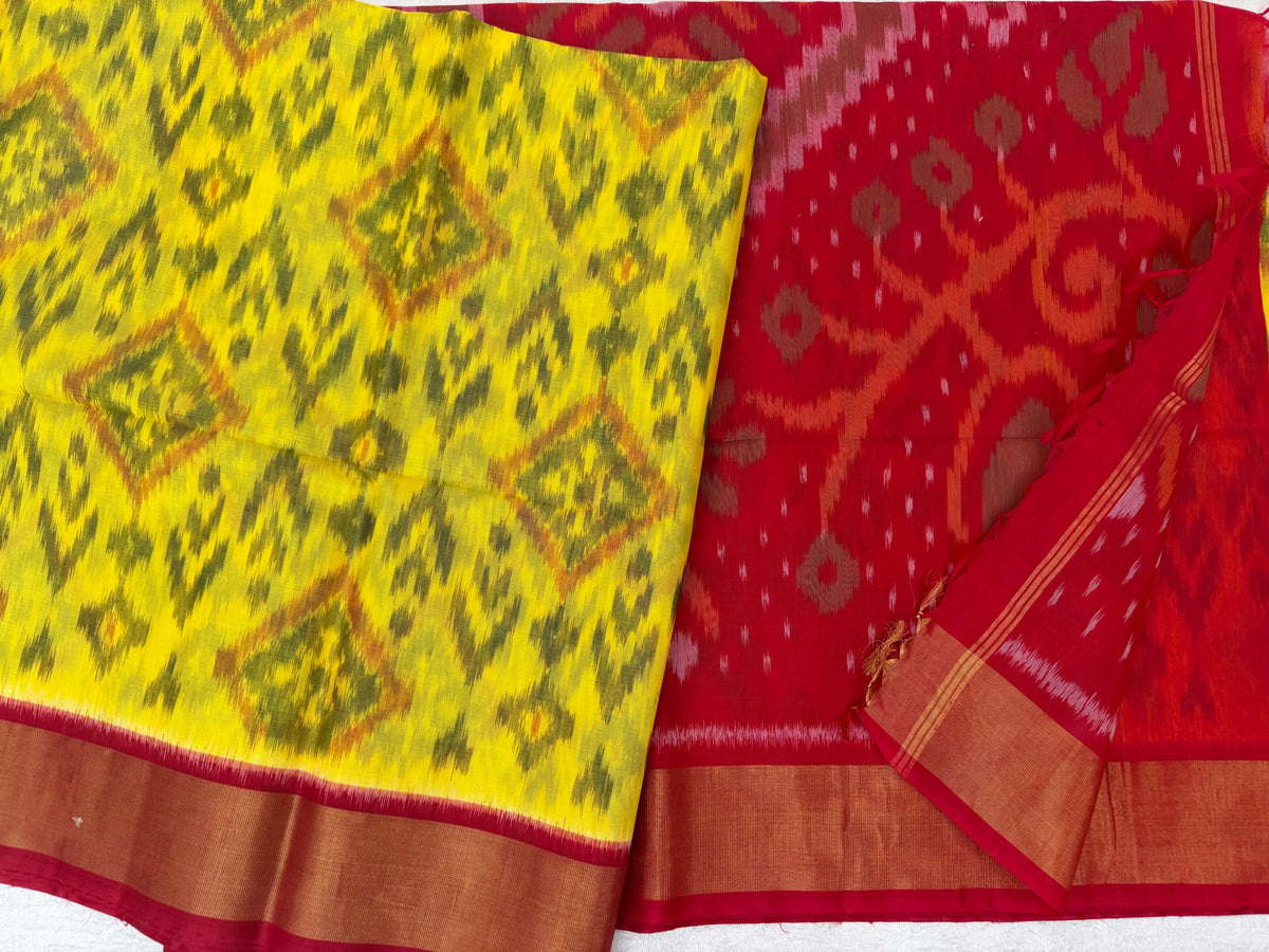 Yellow with Red Pochampally Ikkat Silk Cotton (SICO Pattu)