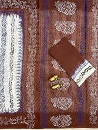 Pure Cotton with Hand Block Prints - White with Brown