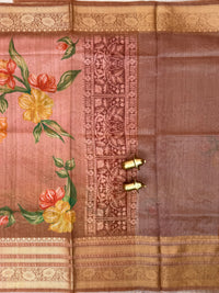 Unique Semi Tussar with Zari Border and Digital Prints - Brown