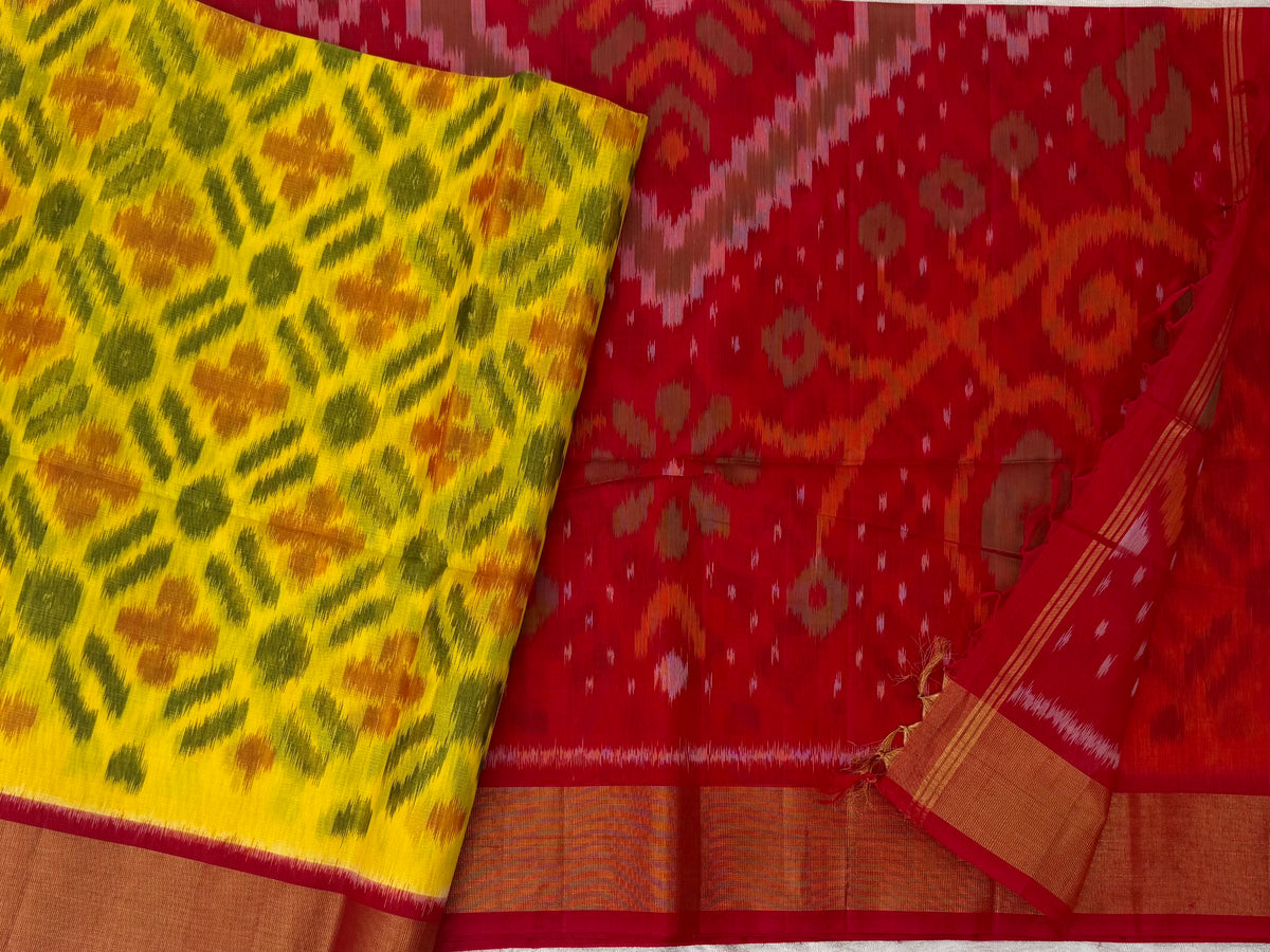 Yellow with Red Pochampally Ikkat Silk Cotton (SICO Pattu)