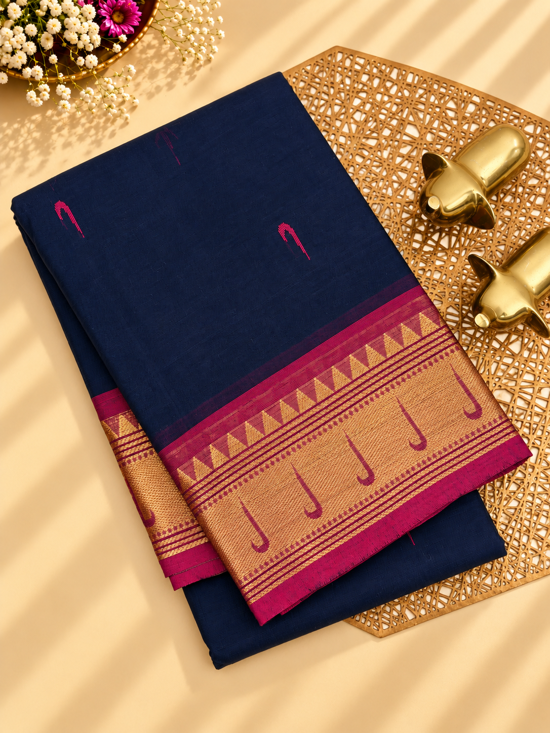 Chettinad Cotton Saree - Dark Blue with Pink