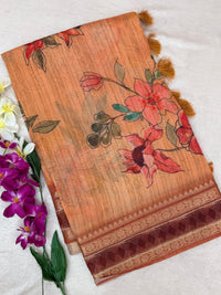 Unique Semi Tussar with Zari Border and Digital Prints - Brown