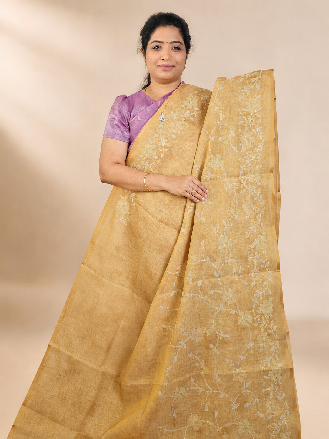 Linen Tissue with Aari Work - Golden Mustard Yellow