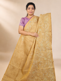 Linen Tissue with Aari Work - Golden Mustard Yellow