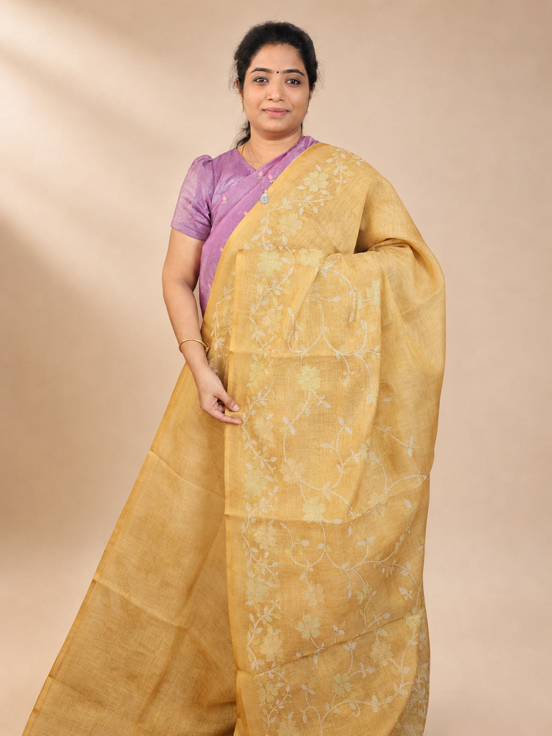 Linen Tissue with Aari Work - Golden Mustard Yellow