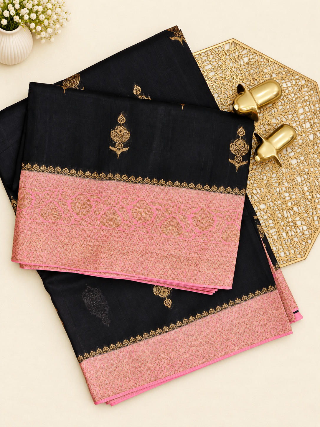 Jute Banarasi Silk Saree -  Black with Pink