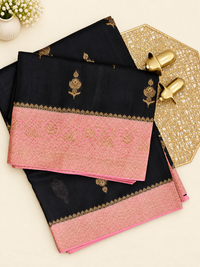 Jute Banarasi Silk Saree -  Black with Pink