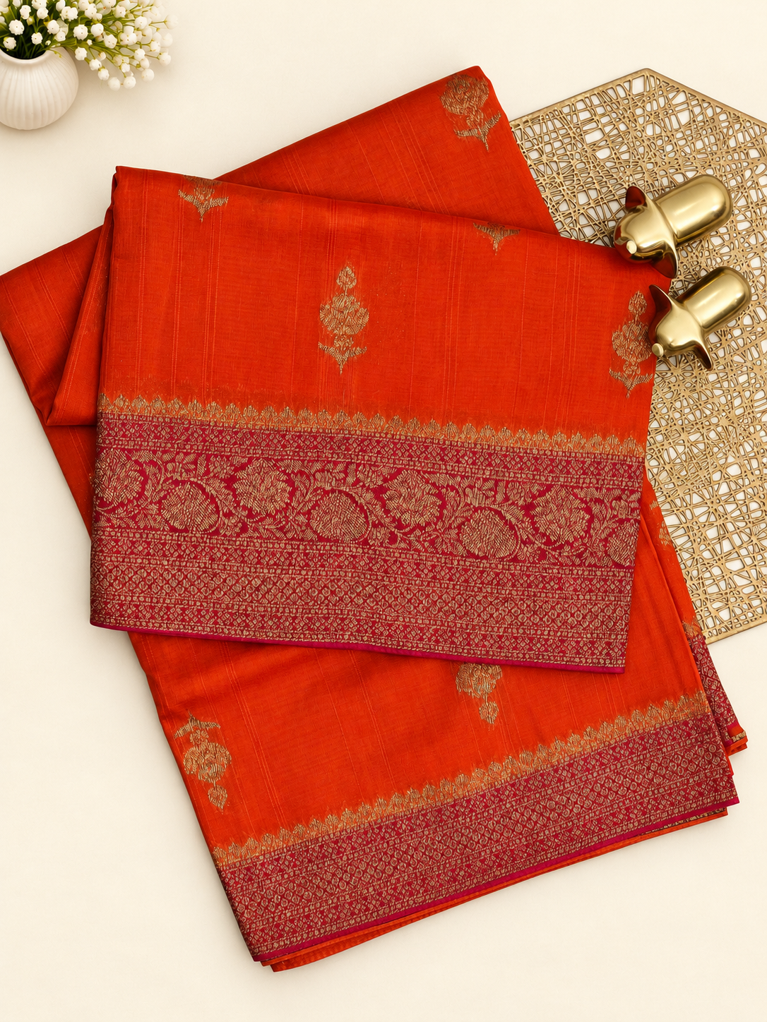 Jute Banarasi Silk Saree -  Orange with Pink