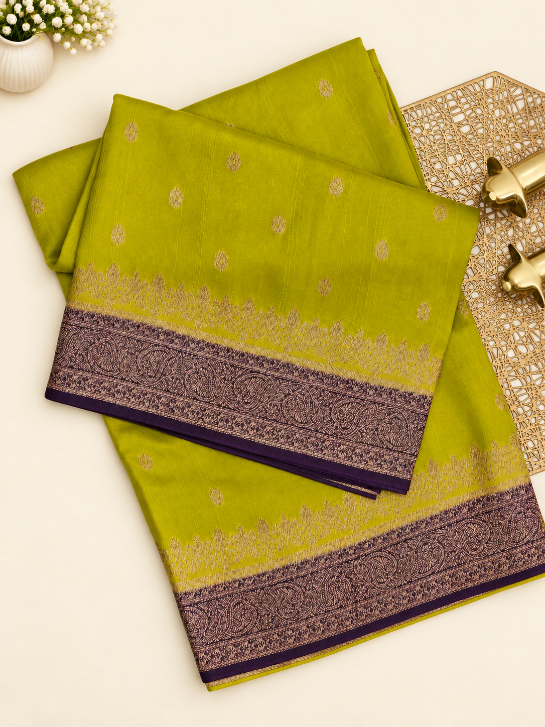 Jute Banarasi Silk Saree -  Green with Blue