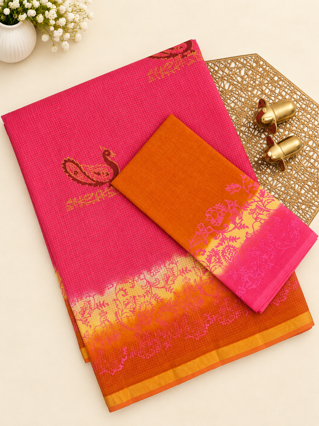 Pure Munga Checks Cotton with Hand Block Printed Sarees - Pink with Orange