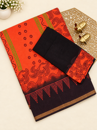 Pure Munga Checks Cotton with Hand Block Printed Sarees - Orange with Coffee Brown