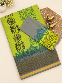 Pure Munga Checks Cotton with Hand Block Printed Sarees - Green with Grey