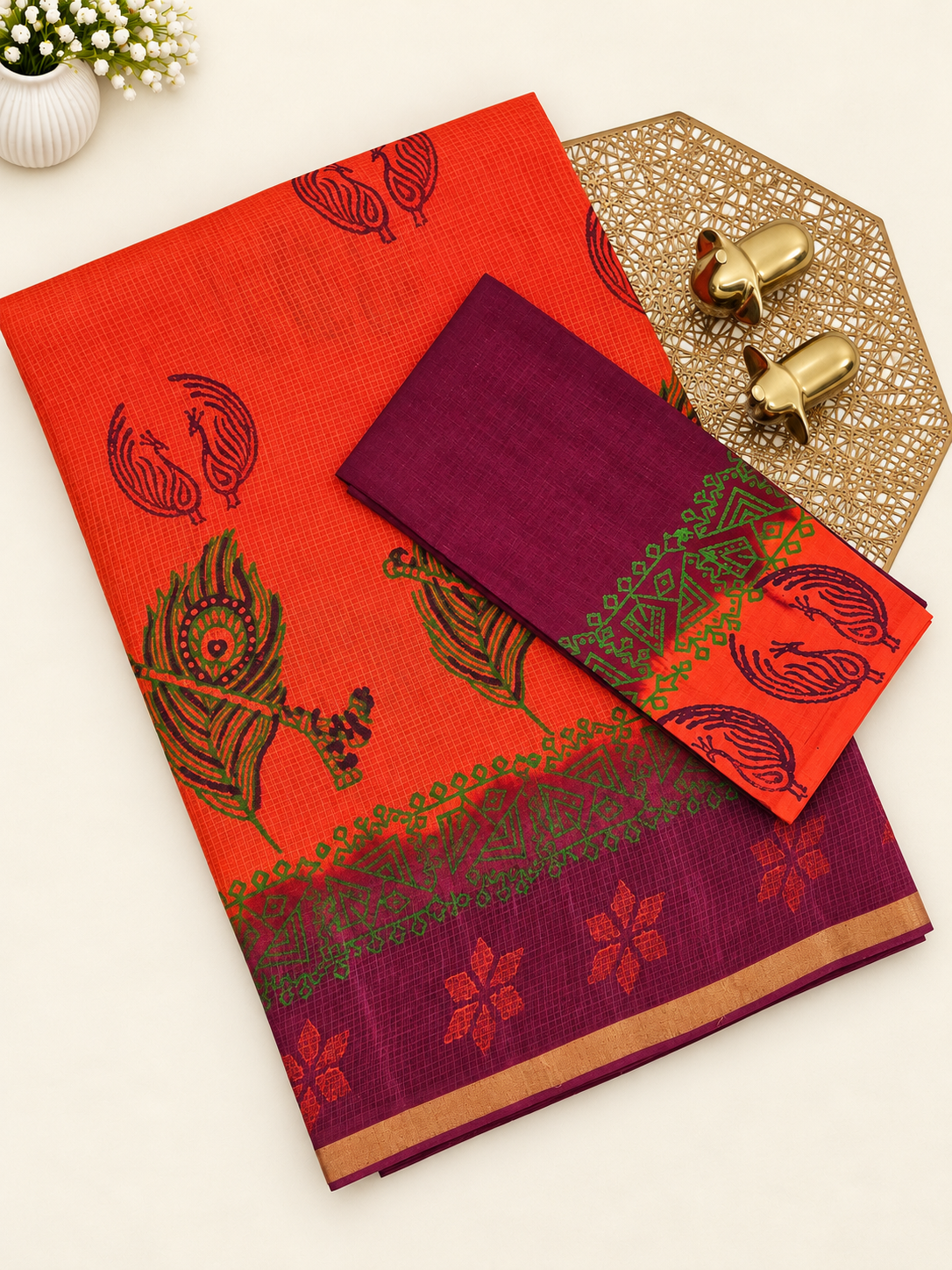 Pure Munga Checks Cotton with Hand Block Printed Sarees -  Orange with Magenta Pink
