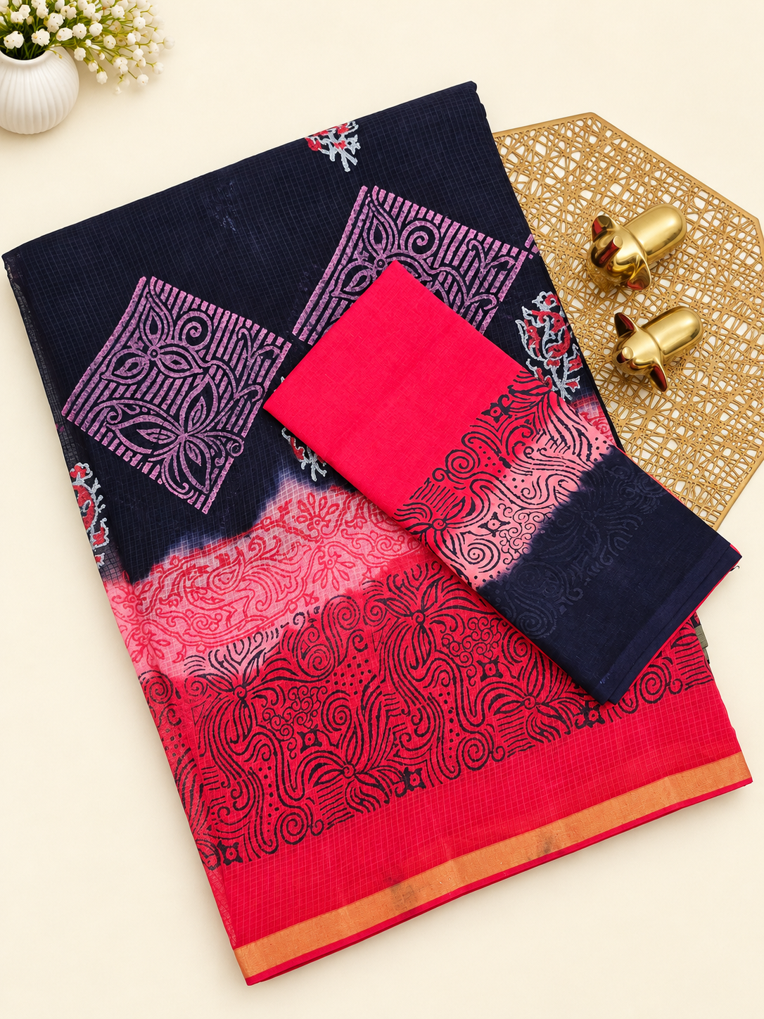 Pure Munga Checks Cotton with Hand Block Printed Sarees - Blue with Red