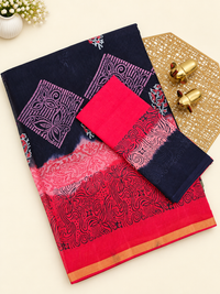 Pure Munga Checks Cotton with Hand Block Printed Sarees - Blue with Red