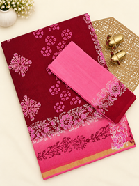 Pure Munga Checks Cotton with Hand Block Printed Sarees -  Dark Red with Pink