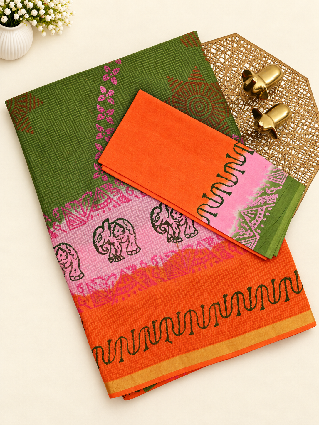 Pure Munga Checks Cotton with Hand Block Printed Sarees -  Green with Orange