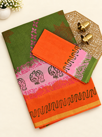 Pure Munga Checks Cotton with Hand Block Printed Sarees -  Green with Orange